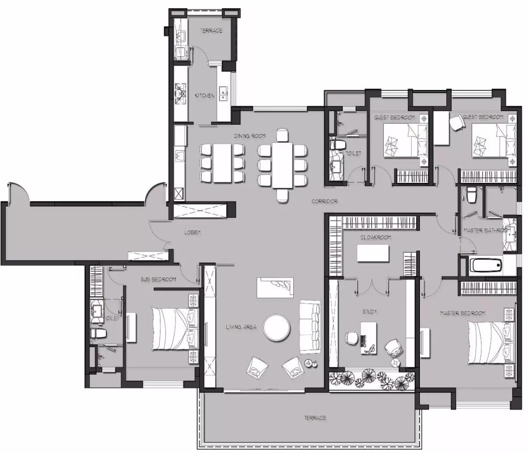 的是一套建筑面积260平米的现代风简约风案例,房子的格局为五室两厅