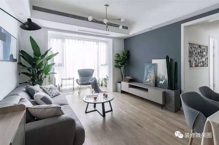 北欧- 客厅以灰色和白色为主调灰色布艺沙发柔软而舒适，小小的茶几线条简约，灵活又实用。
